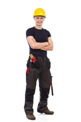 Mechanic in protective glasses and yellow hardhat