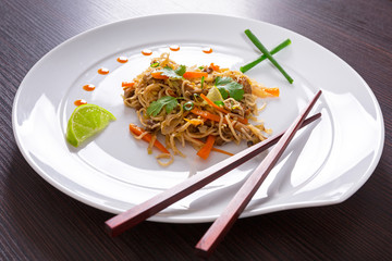 Chinese dish - chow mein noodles with duck and vegetables