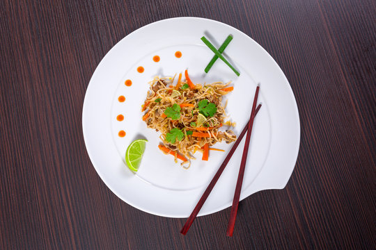 Chinese dish - chow mein noodles with duck and vegetables