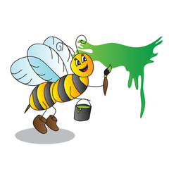 Funny cartoon bee with a brush and paints