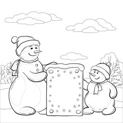 Christmas cartoon, Snowman mother and son in the winter forest with a banner for your text. Contours. Vector