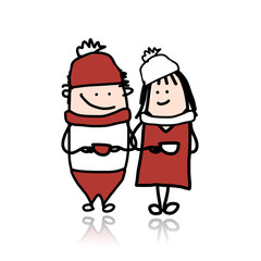 Couple walking with coffee cups, cartoon for your design
