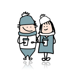 Couple walking with coffee cups, cartoon for your design