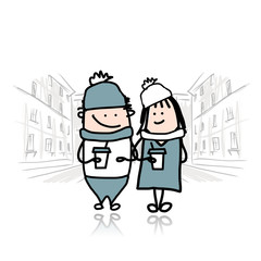 Obraz premium Couple walking in city with coffee cups