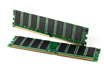 A shot of two DDR RAM sticks isolated on white