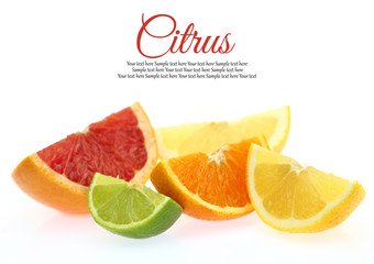 Fresh slices of citrus fruit on white background