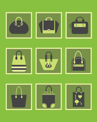Unique green women purse and hand bags icons set