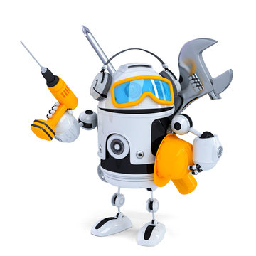 Construction robot with tools. Isolated. Contains clipping path