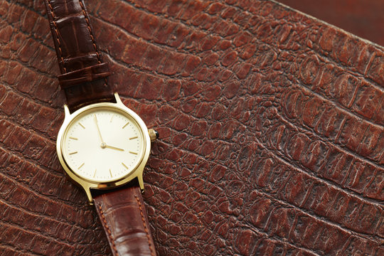 Luxury Men's Watch On Leather, Close Up.