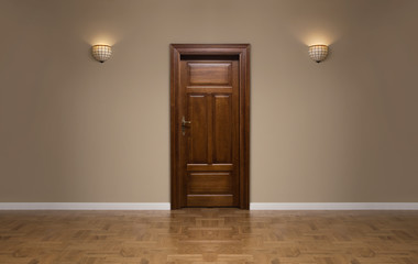 Closed wooden door in the empty room with copy space - obrazy, fototapety, plakaty