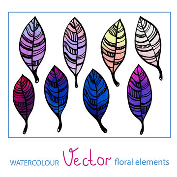 Set of watercolor stylized leaves