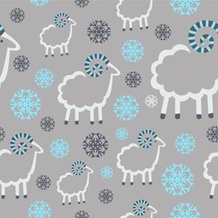 winter pattern with sheep and snowflakes on a gray background