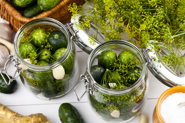 Homemade pickles in brine with garlic, dill and horseradish