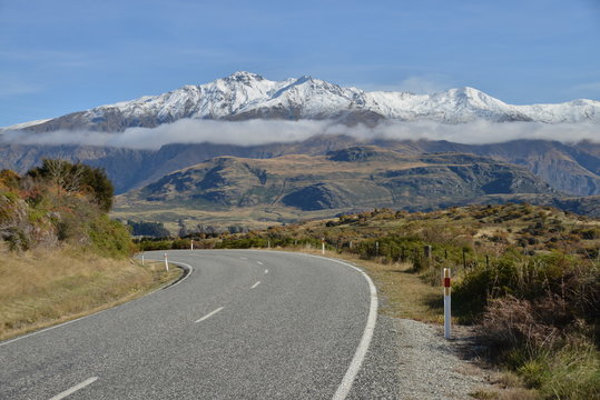 Perspective of Highway Road streching to the mountains, Wanaka.