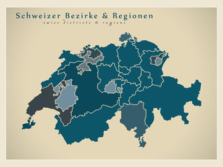 Moderne Landkarte - Schweizer Bezirke und Regionen CH