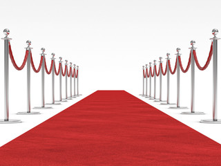red carpet and silver-colored barriers with red cords. White background. nobody around. concept of prestige and exclusivity. fame.