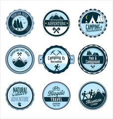 Set of outdoor adventure retro blue labels
