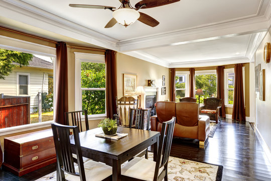 Dining area with simple table set and wooden chest