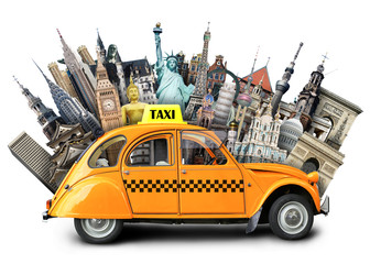 Fototapeta na wymiar Retro taxi on the background of landmarks, travel
