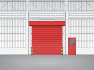 Roller door or roller shutter. Also called security door or security shutter. For protect residential, commercial and industrial building i.e. house, factory, warehouse, hangar. Vector illustration.