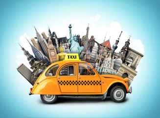Naklejka na ściany i meble Retro taxi on the background of landmarks, travel