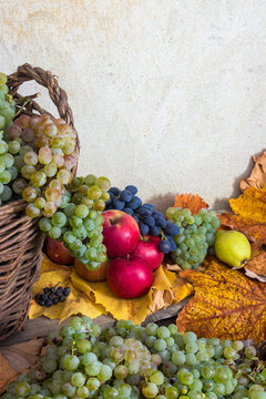 autumnal still life with fruit and leaves on a wooden base