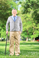 Senior man walking with a cane in park