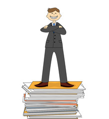 A successful businessman standing on a pile of documents