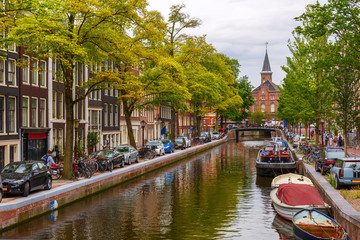 City view of Amsterdam canals and typical houses, Holland, Nethe