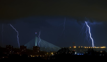 Storm lightning over the bridge in Belgrade Serbia - obrazy, fototapety, plakaty