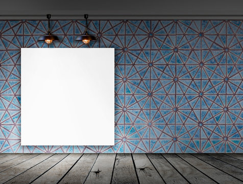 White blank paper frame hang on tile wall in the empty room
