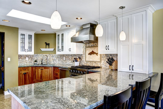 Modern house interior. Kitchen room with shiny granite tops and