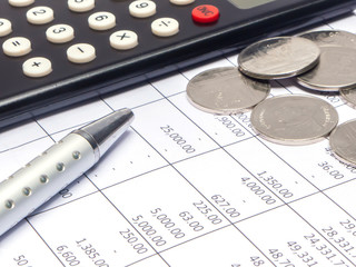 Calculator, coin and pen