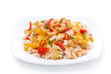 rice with vegetables with shrimp, isolated