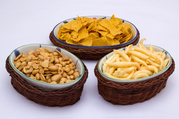 Snacks on ceramic and rattan fancy platter