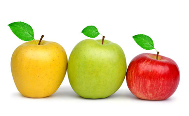 Yellow, green and red apple isolated on white background