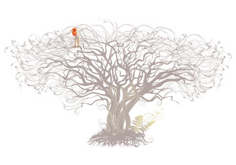 Tree and bird on a white background.
