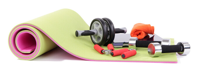 Sport requisites on a carpet isolated on white