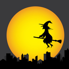 Fototapeta premium witch in the city , witch in front of moon , halloween day