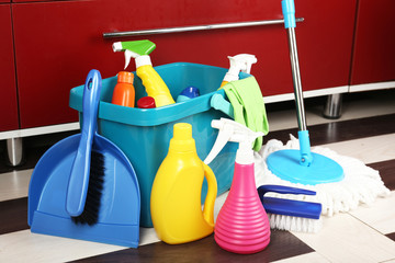 Different tools for cleaning in kitchen