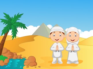 Obraz na płótnie Canvas Cartoon Muslim kids with pyramid background