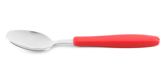 Metal spoon with red handle isolated on white
