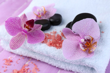 Orchid flowers, spa stones,  sea salt