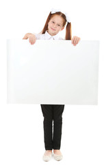 Beautiful little girl holding blank poster isolated on white