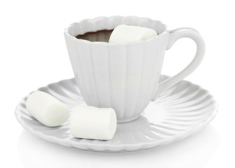 Hot chocolate with marshmallows in mug, isolated on white