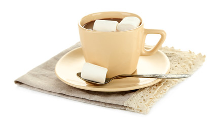 Hot chocolate with marshmallows in mug, isolated on white