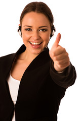 Preety happy asian caucasian business woman with headset showing