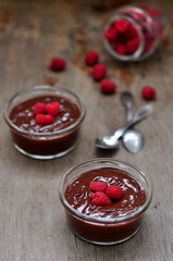 Chocolate mousse with strawberries, selective focus