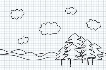 Landscape with trees hand drawing illustration