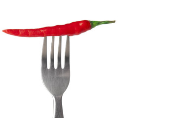 Fototapeta na wymiar Red hot chili pepper impaled on steel fork
